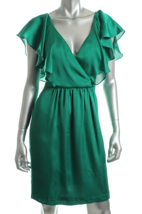 Julie Dillon Green Satin Ruffled Surplice Flutter Sleeve Cocktail