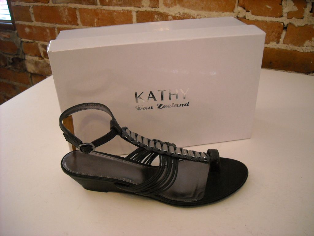 Kathy Van Zeeland Evie Black Toe Loop Wedge Sandals