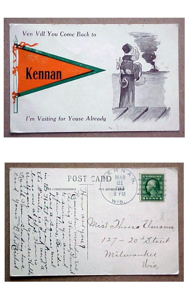 Wi Kennan Wisconsin Pennant Dutch Greeting PC 1913