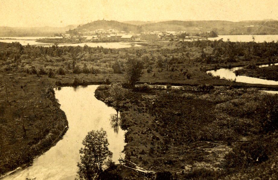 Clyde River Derby VT Newport VT in Distance Buildings Stereoview