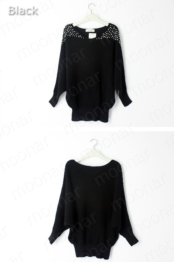 Fall Winter Womens Beads Knitwear Knit Sweater Batwing Sleeve Smock