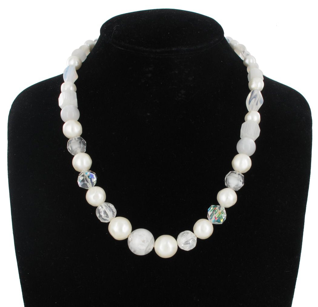 Laguna Necklace Vintage Swarovski Beads White Givre Cab Cane