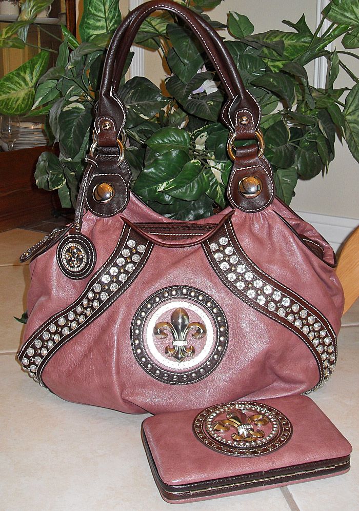 New JC New York Classic Fleur de Lis Rhinestone Bag Mauve