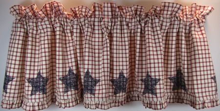 Plaid Stenciled Navy Star Liberty Ruffled Lined Valance 72x16