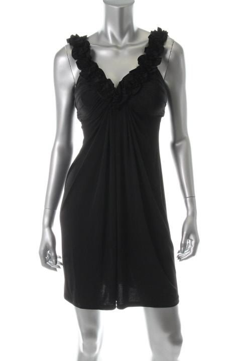 Maggy London New Black Ruched Rosette Neckline Little Black Dress