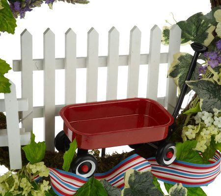 Designer Floral Wreath with Red Wagon White Picket Fence Ribbon