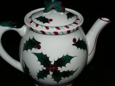 Lefton China Teapot Tea Pot w Lid Candy Cane Border Red Berries Holly