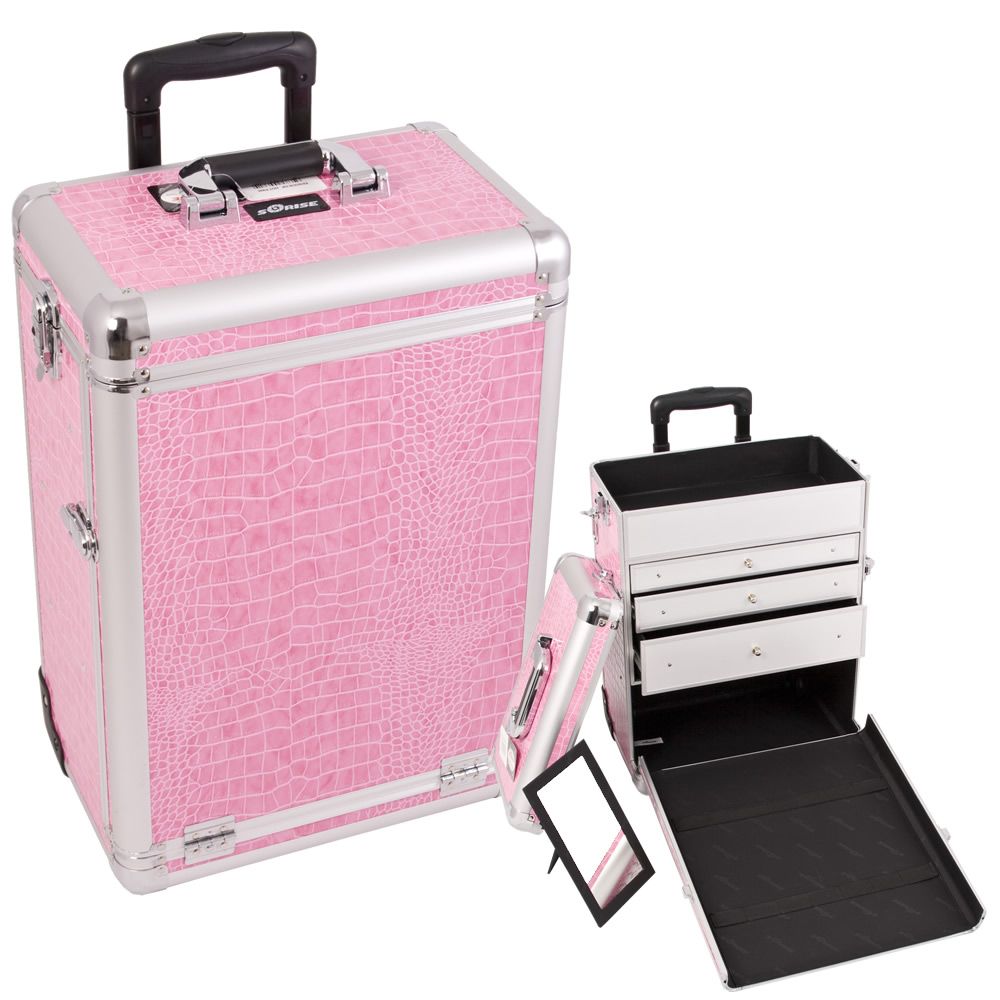 Pro Rolling Makeup Train Case Organizer E630 Crocodile Pink Aluminum