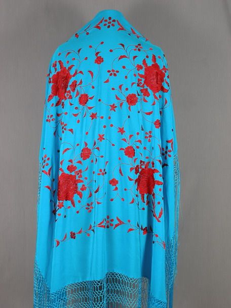 Turquoise Red Flamenco Silk Piano Shawl Manton