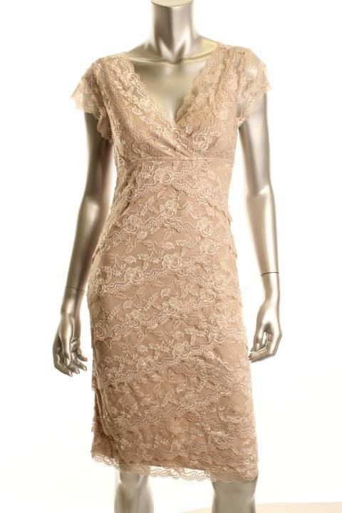 Marina New Beige Double V Cap Sleeve Embellished Lace Semi Formal