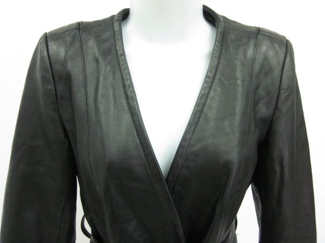  Black Leather Belted Coat Jacket Sz S