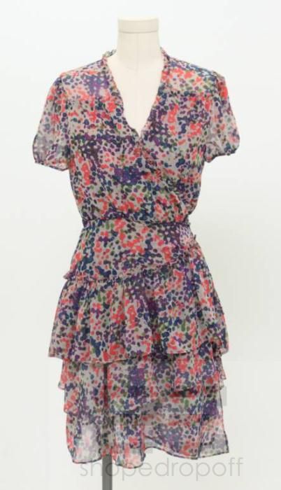 McGinn Grey Coral Print Tiered Wrap Dress Size 8