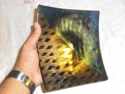 Signed Kurt Mcvay Fused Art Glass Plate Tray Grid Deco