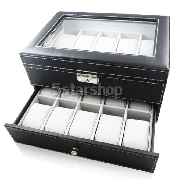 Mens Watch Box Display Case Organizer Glass Top Jewelry Storage