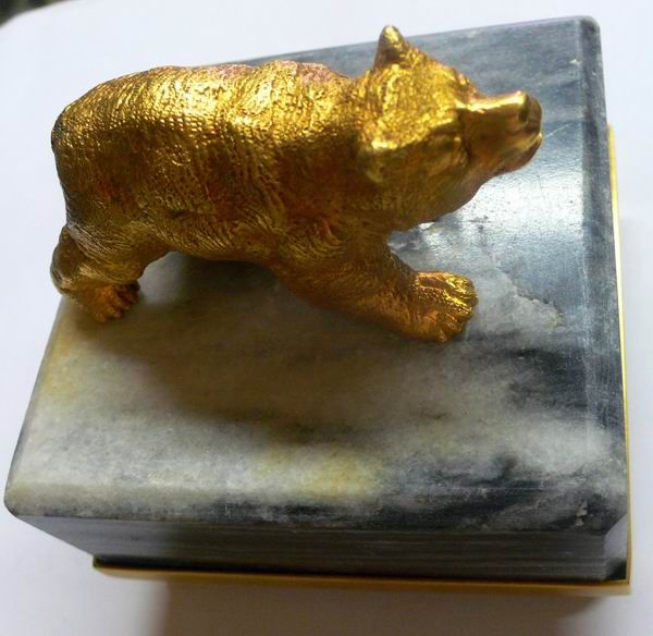 19c Russian Gold Gilded Bronze Bear Gray Marble Stand