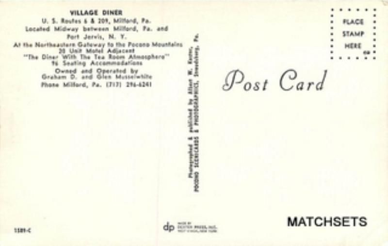 Milford PA Village Diner Automobile Postcard
