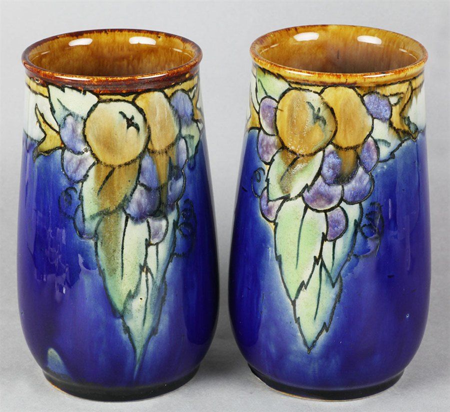 Superb Pair Doulton Lambeth Pigment Painted Vases C 1920