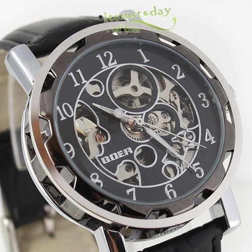 Fashion Luxury Goer Auto Mechanical Skeleton Men Watch Silver Black PU