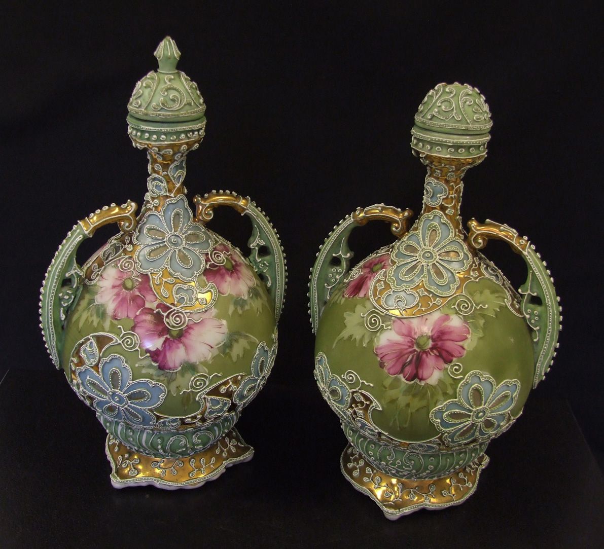 Pair Japanese Noritake Nippon Moriage Ware Twin Handled Vases