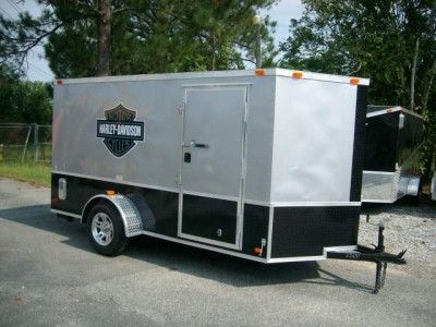 6x12 Single Motorcycle Enclosed Trailer w Harley Davidson Decals Blk