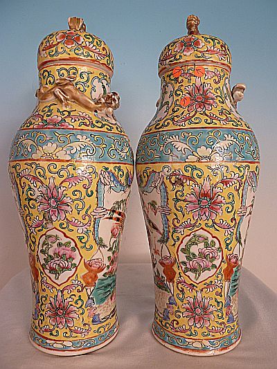 Fantastic Pair of Chinese Polychrome Lidded Vases