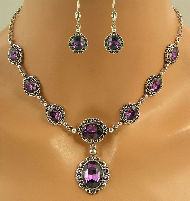 ELEGANZ TRACHTENSCHMUCK DIRNDL KRISTALL COLLIER SET LILA AMETHYST