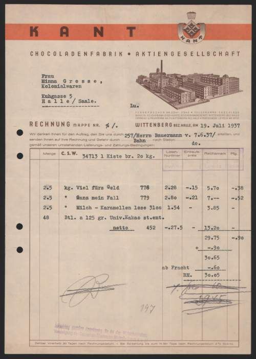 Rechnung Wittenberg 1937, Kant Schokoladen Fabrik, Fa