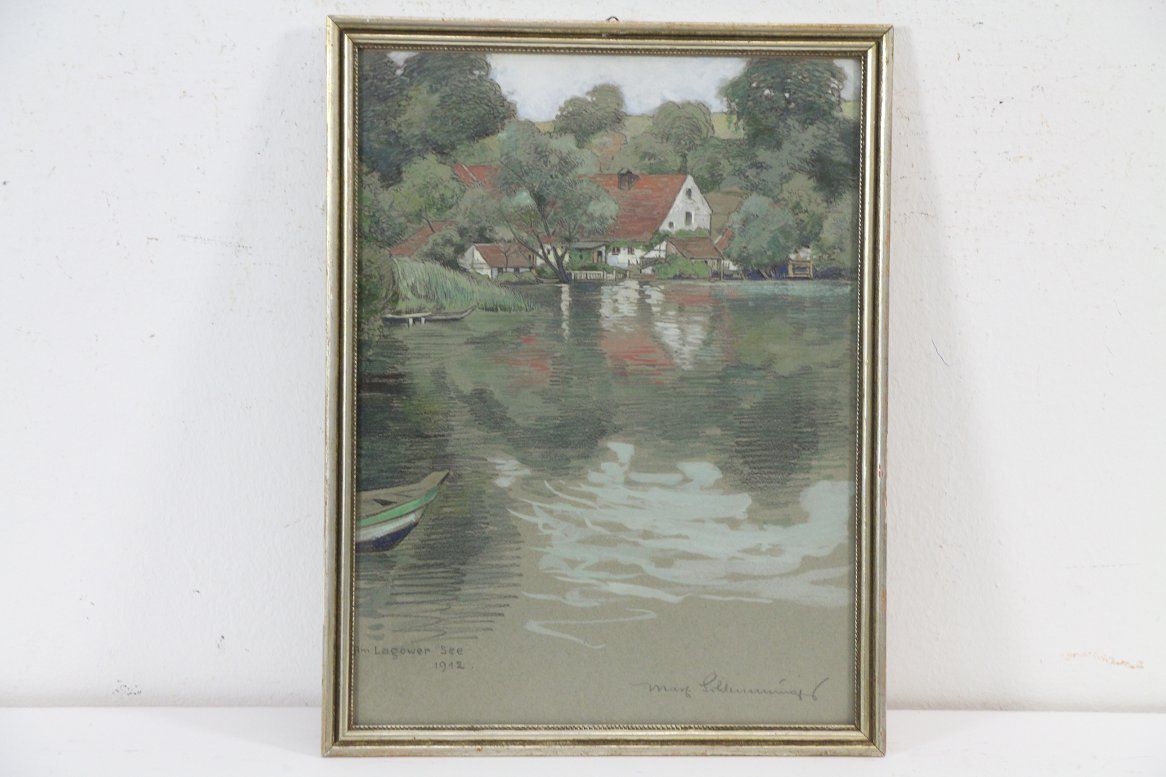 Am Lagower See Jugendstil Farbstift Zeichnung dat. 1912 sig. Max