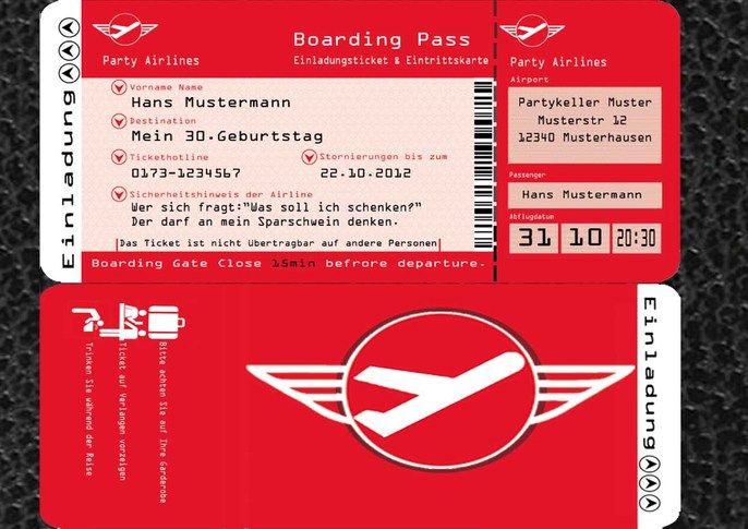 für Geburtstag Flugticket Ticket Party Einladungen 60 30 40