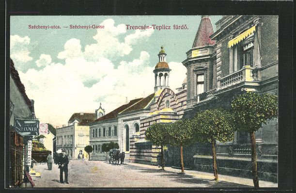 alte AK Trencsen Teplicz, Szechenyi Gasse mit Synagoge