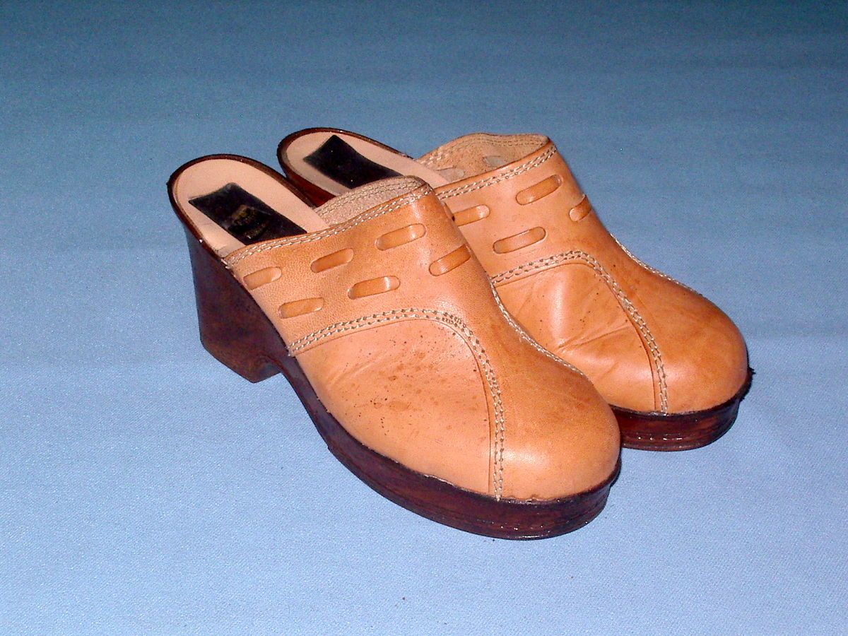 70s Vintage Plateau CLOGS Pantoletten Leder Keilabsatz COGNAC 41 w neu