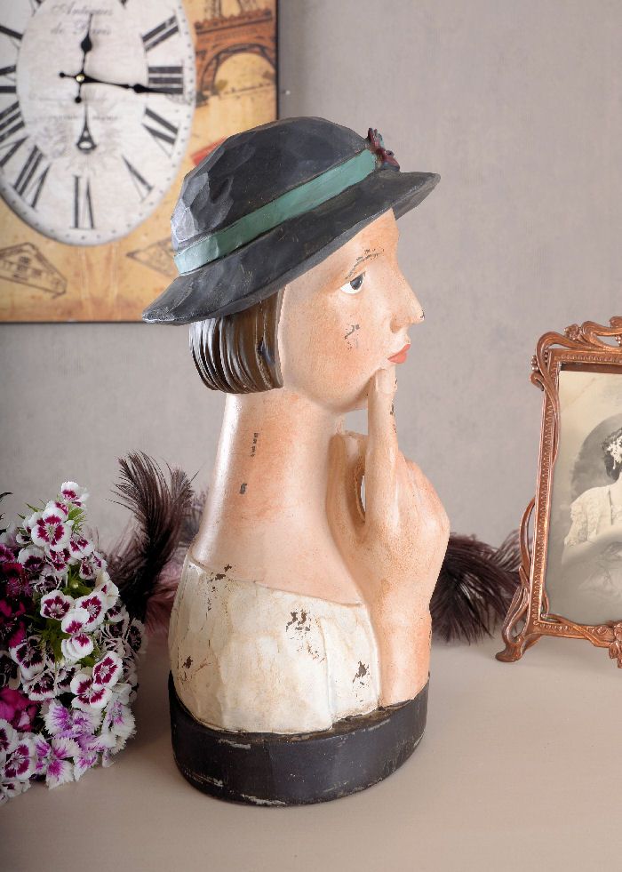 ART DECO BÜSTE & HUT FRAUENFIGUR 20er JAHRE STIL VINTAGE