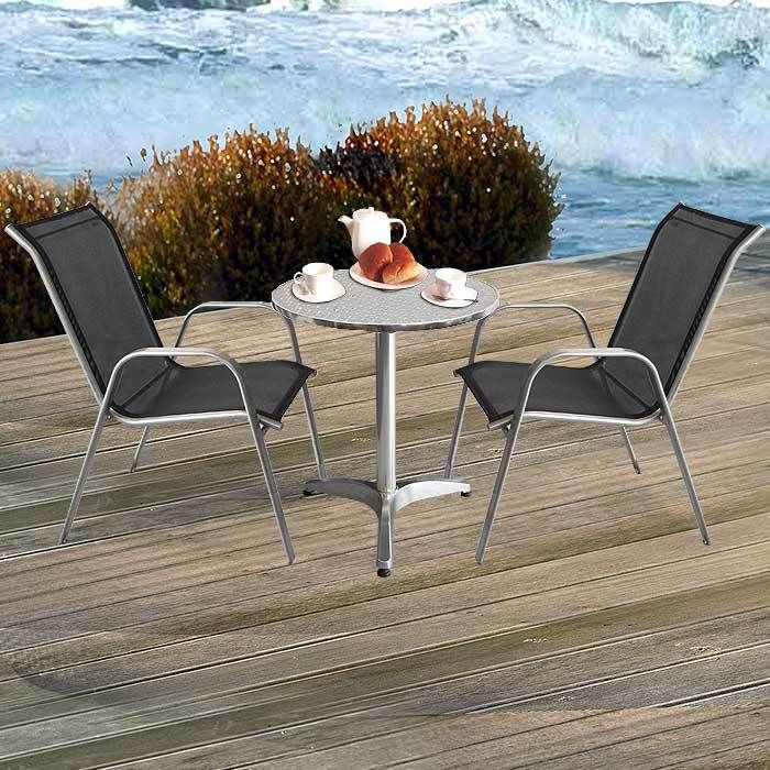 3TLG BISTRO SET BALKONMÖBEL BISTROTISCH Ø60CM STAPELSTÜHLE TEXTILEN