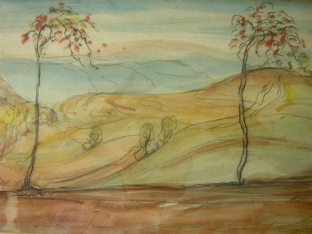 SURREALIST*AQUARELL*ca.50  70er JAHRE*LANDSCAPE WATERCOLOR*TOP