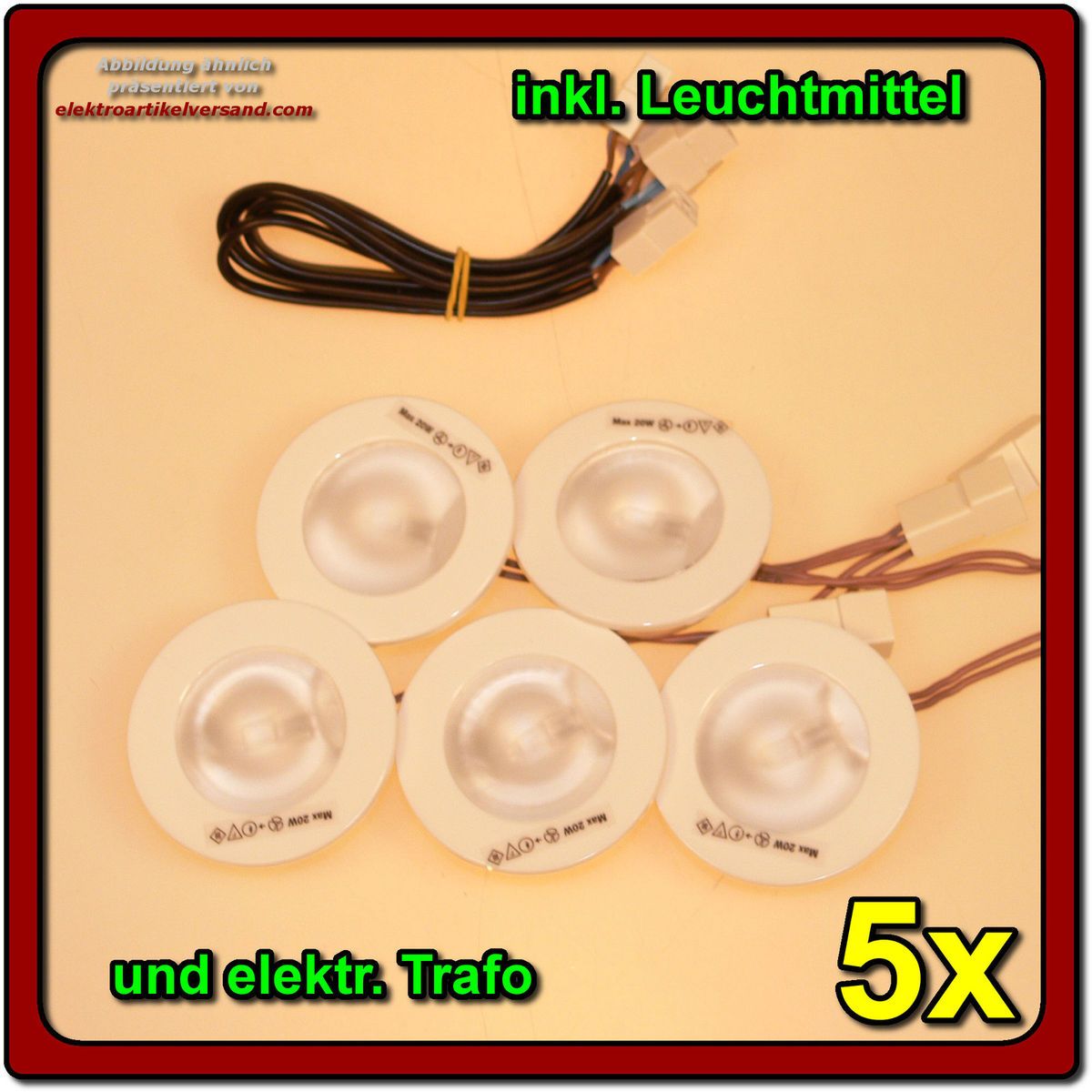 Halogen Einbau Strahler Set weiß inkl. 5x G4 20W mit Kabel und Trafo