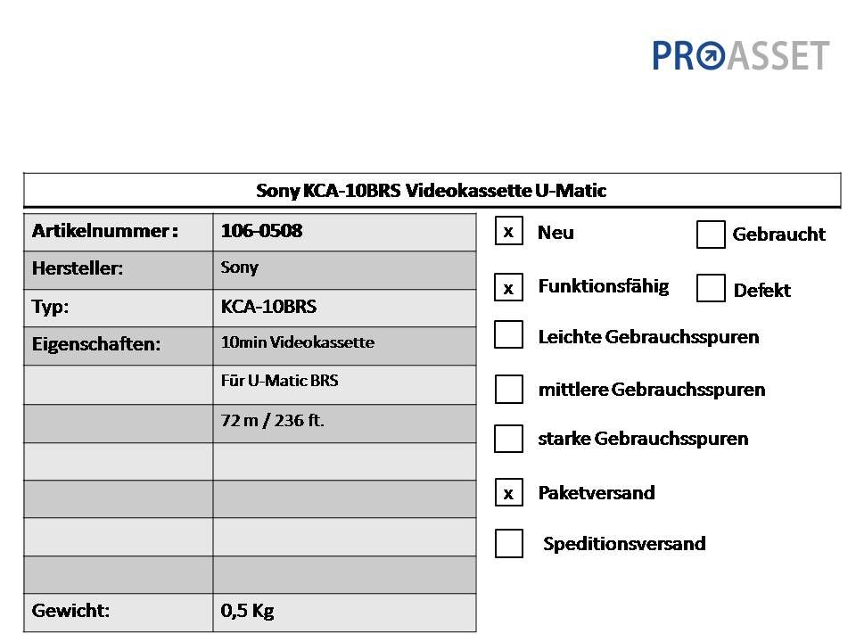 KCA 10BRS Videokassette U Matic Leerkassetten Leer Kassette #106 0508