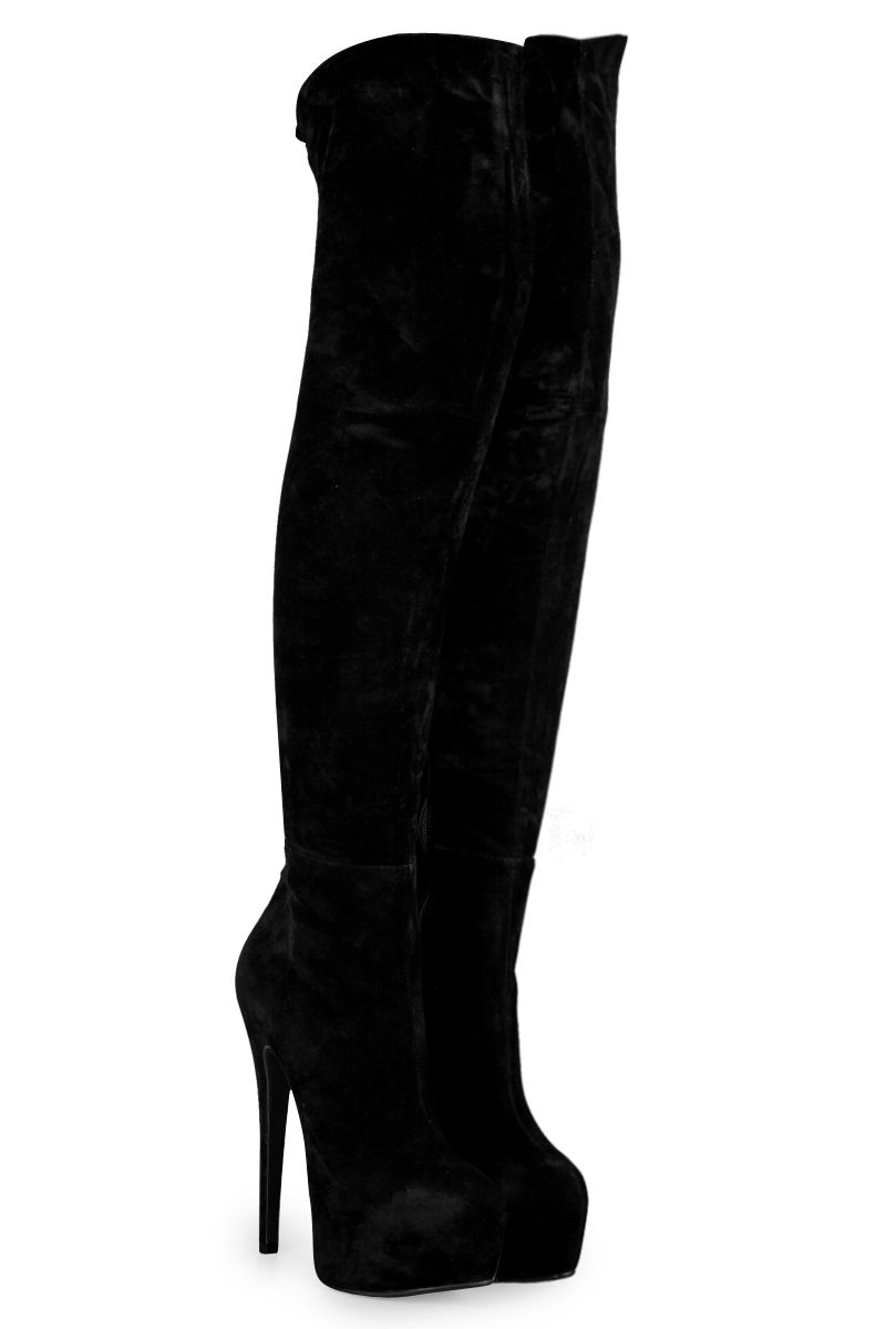 Damen Stiefel Overknee Kunst Wildleder Plateausohle High Heels Schwarz