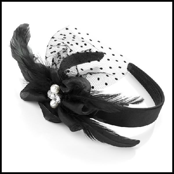 Haarreif Fascinator Satin Strass Perle Federn Schleier