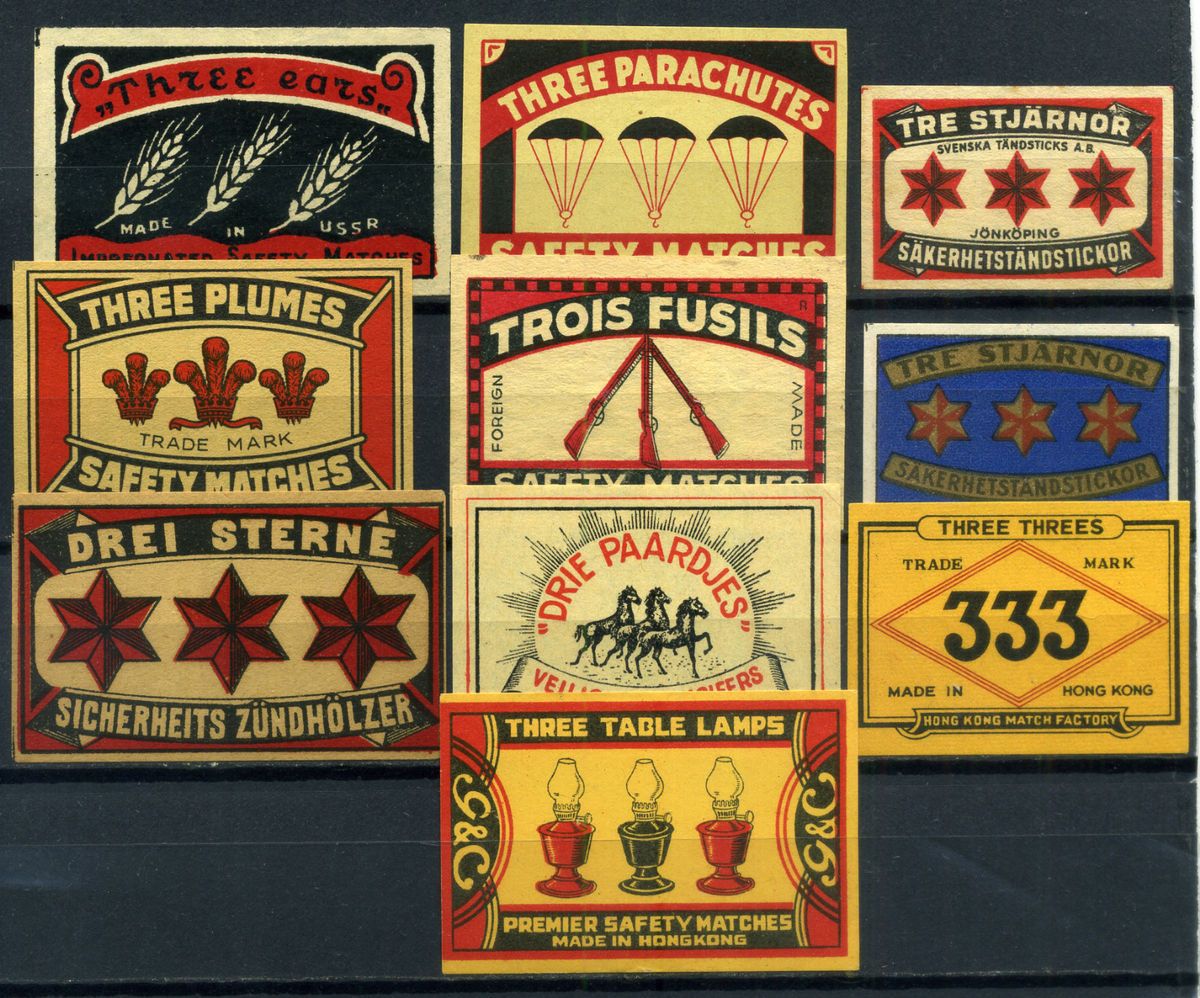 10 Old Matchbox Labels Theme THREES   Lot 173