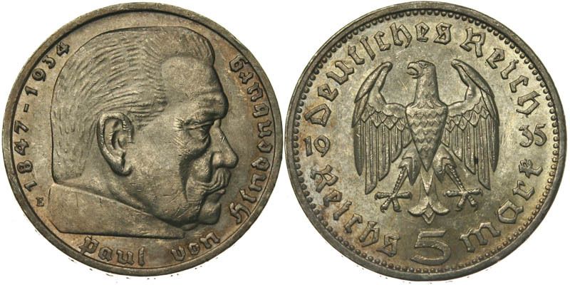 B192 J 360 Drittes Reich 5 Mark 1935 E Hindenburg