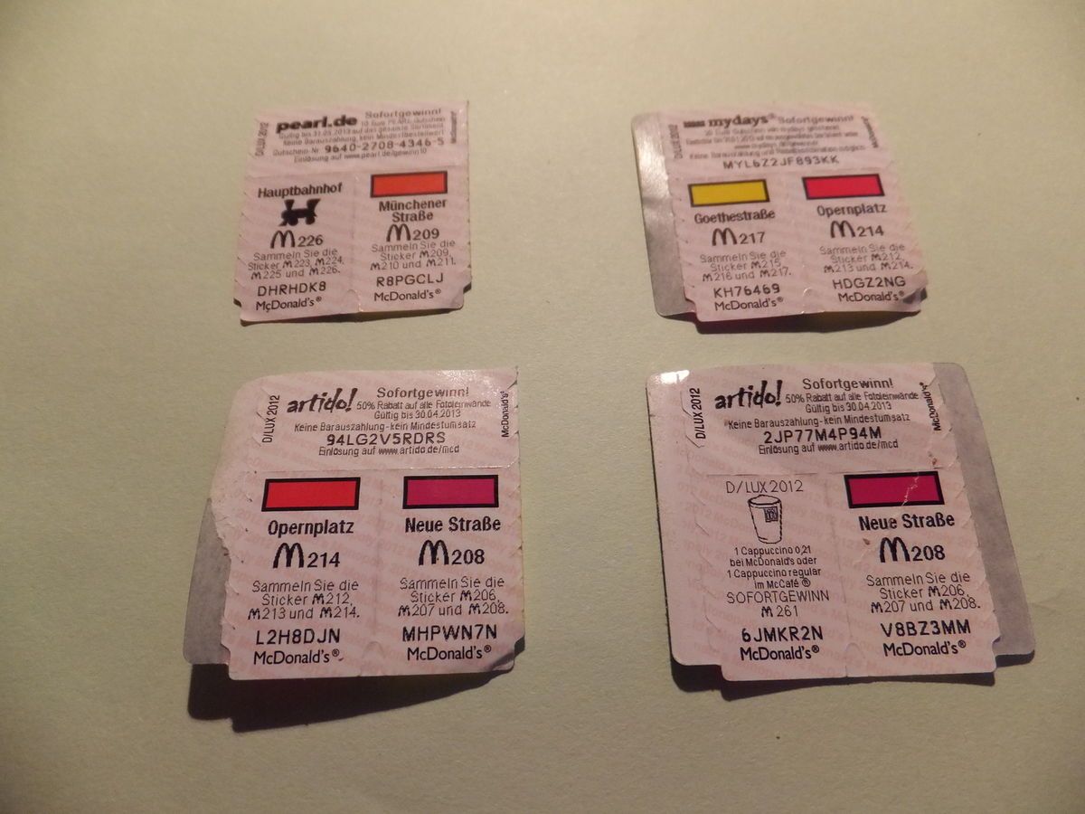 Sticker McDonalds Monopoly Hauptbahnhof M209,M217, M214, M208 usw