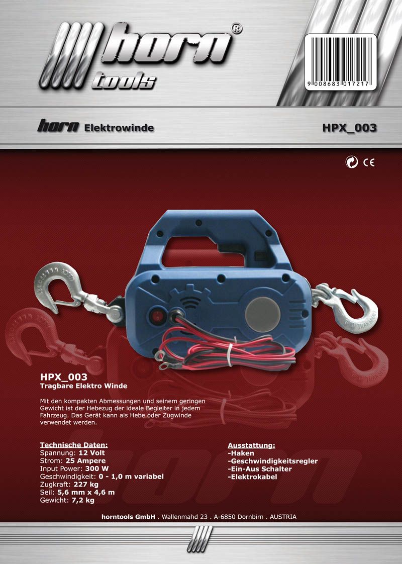 horntools Hubzug Seilwinde mobil 224 kg 12V 300W inkl. Haken