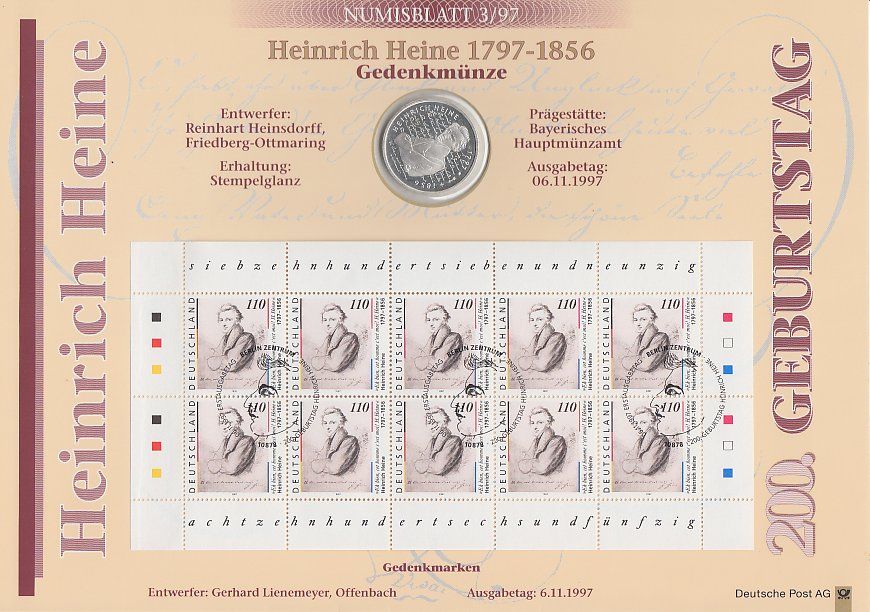 Numis 103= Numisblatt BRD 10 DM 3/97 Heinrich Heine mit Silber