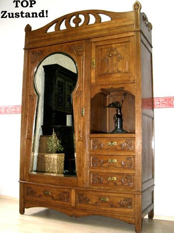 XL Jugendstil Kleiderschrank ANTIK Dielenschrank Garderobe Spiegel