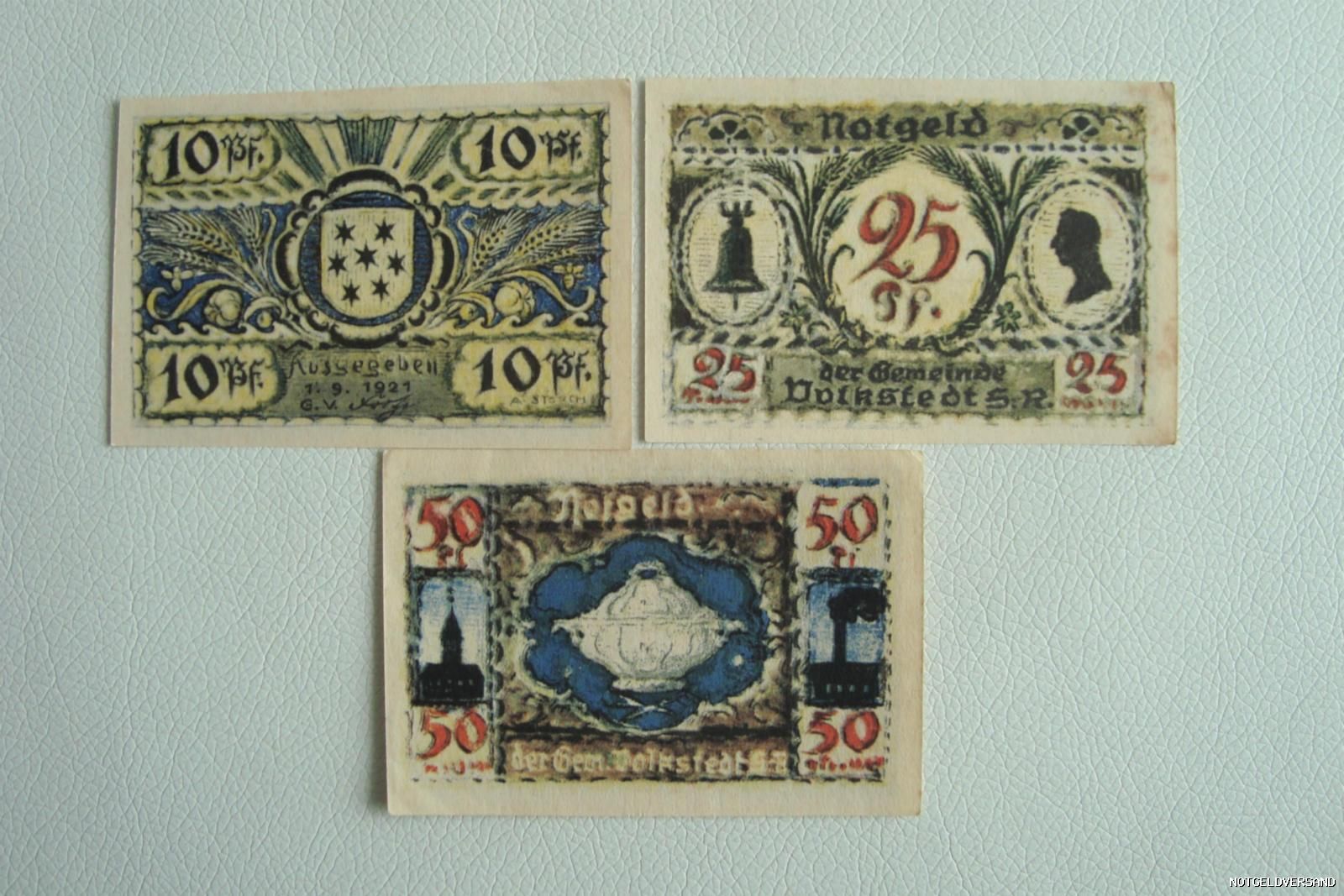 Notgeld Gemeinde Volkstedt (SR/Th zu Rudolstadt) 10 Pf, 25 Pf, 50 Pf