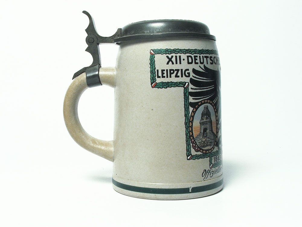 SELTENER BIERKRUG DEUTSCHES TURNFEST LEIPZIG 1913 ZINNDECKEL