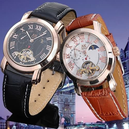 NEU AK Goldene Herrenuhr Mechanische Automatikuhr Leder Armbanduhr Tag