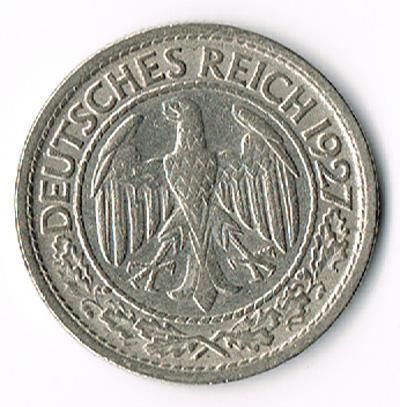 WEIMARER REPUBLIK 50 PFENNIG REICHSPFENNIG 1927 J JAEGER J. 324