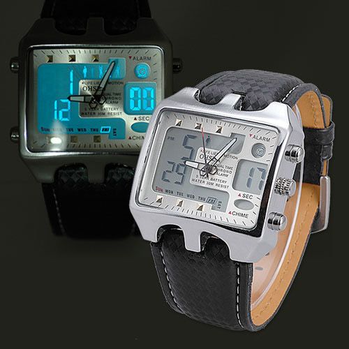 2012 NEU OHSEN Digital Analog Stoppuhr Alarm Herrenuhr Leder Alarm