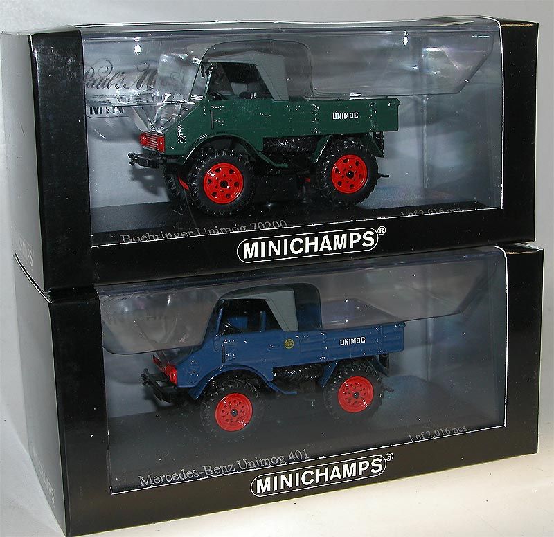 Minichamps 2 x Mercedes Benz Unimog 401 + Boehringer 70200, 1/43 OVP